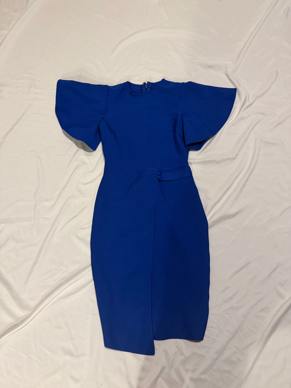Structured asymmetrical Midi Dress with Flutter Sleeves in Royal Blue